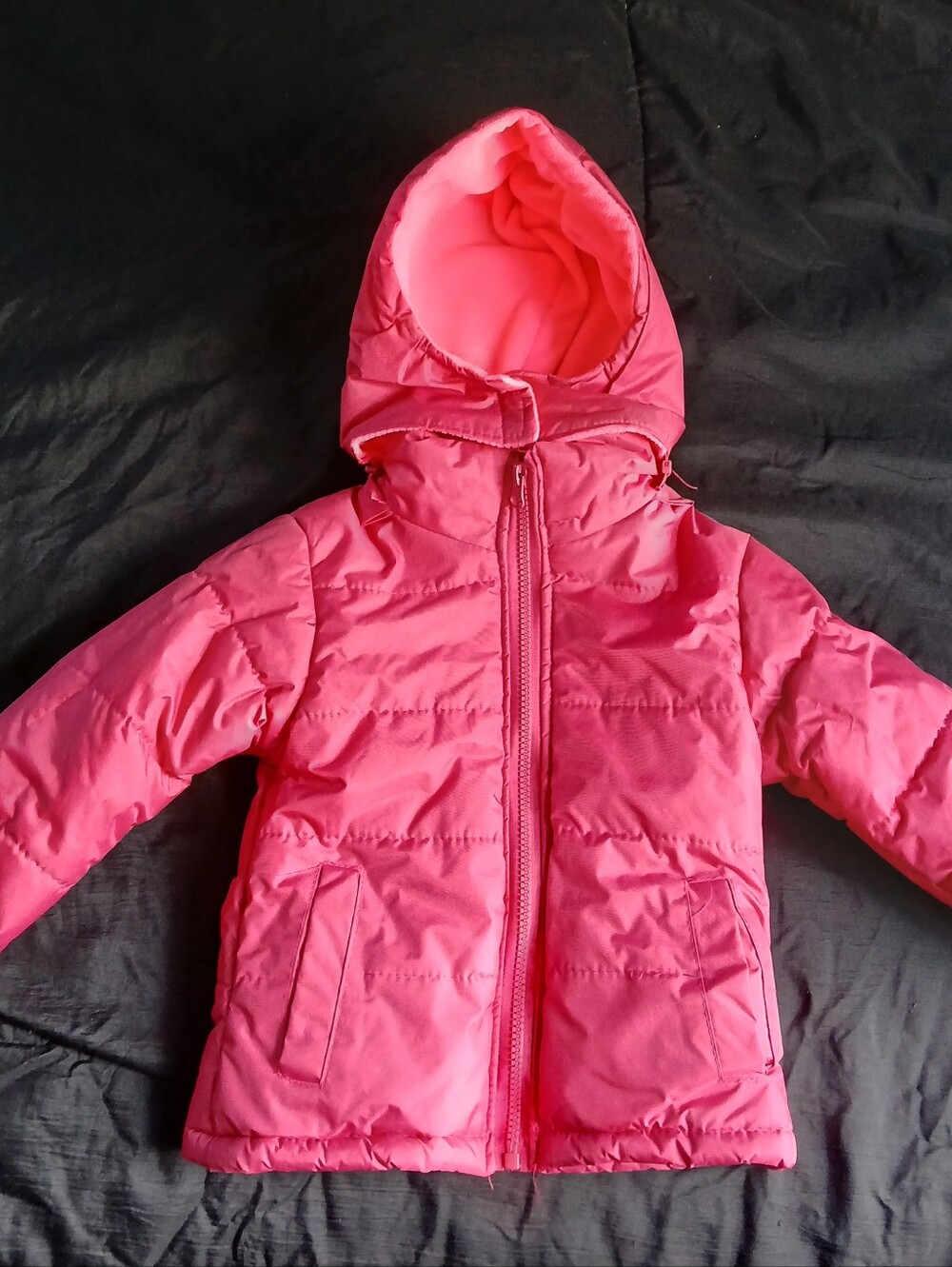 Hot pink kids puffer jacket with hood, size 2T